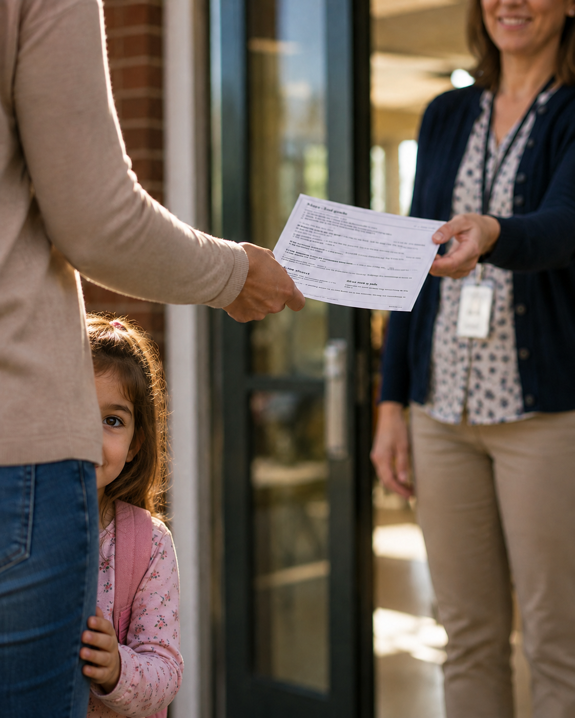 A parent hands a card to a teacher at the school door while their child looks out from behind them.