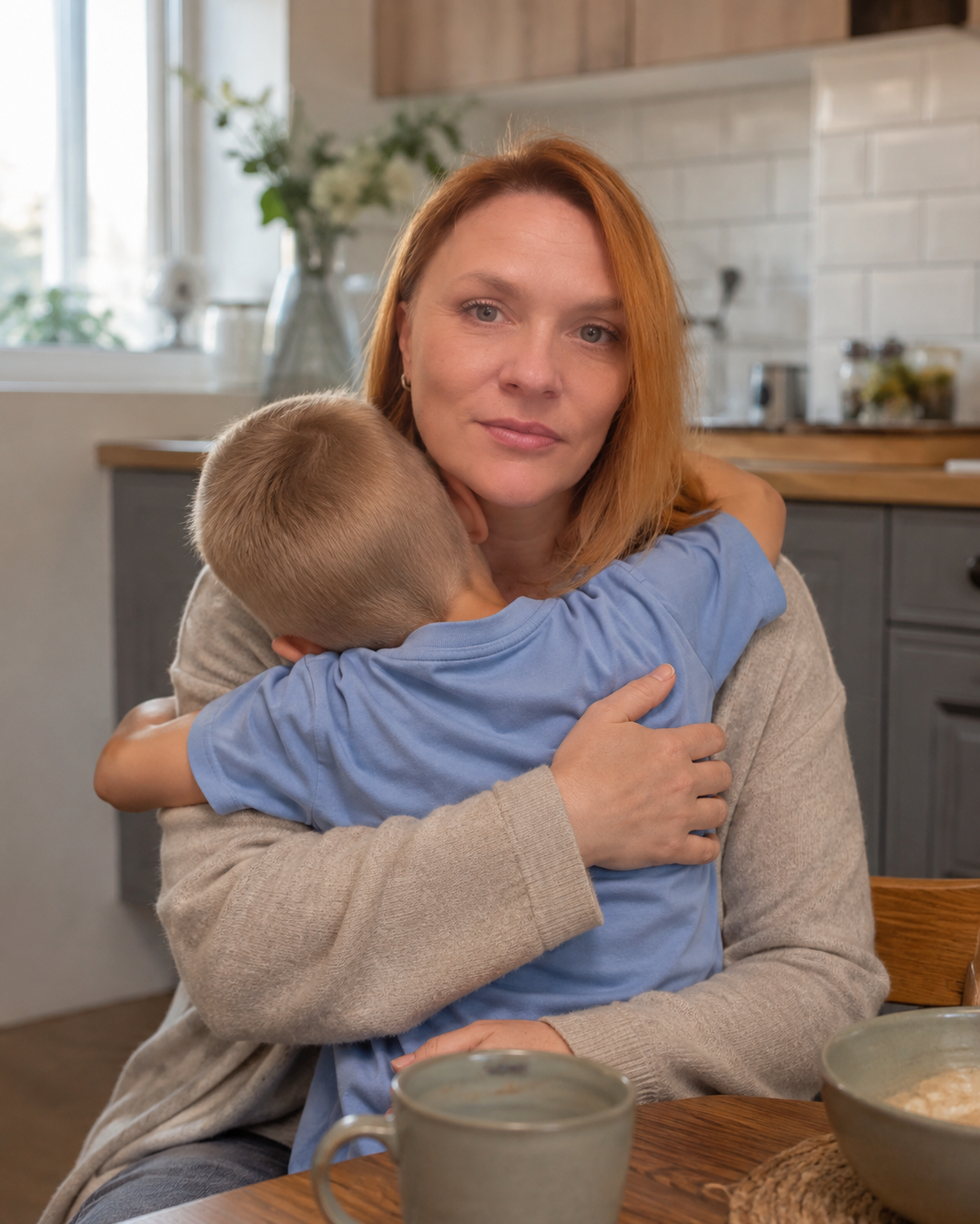 A parent holds their young child in a warm hug at a kitchen table.