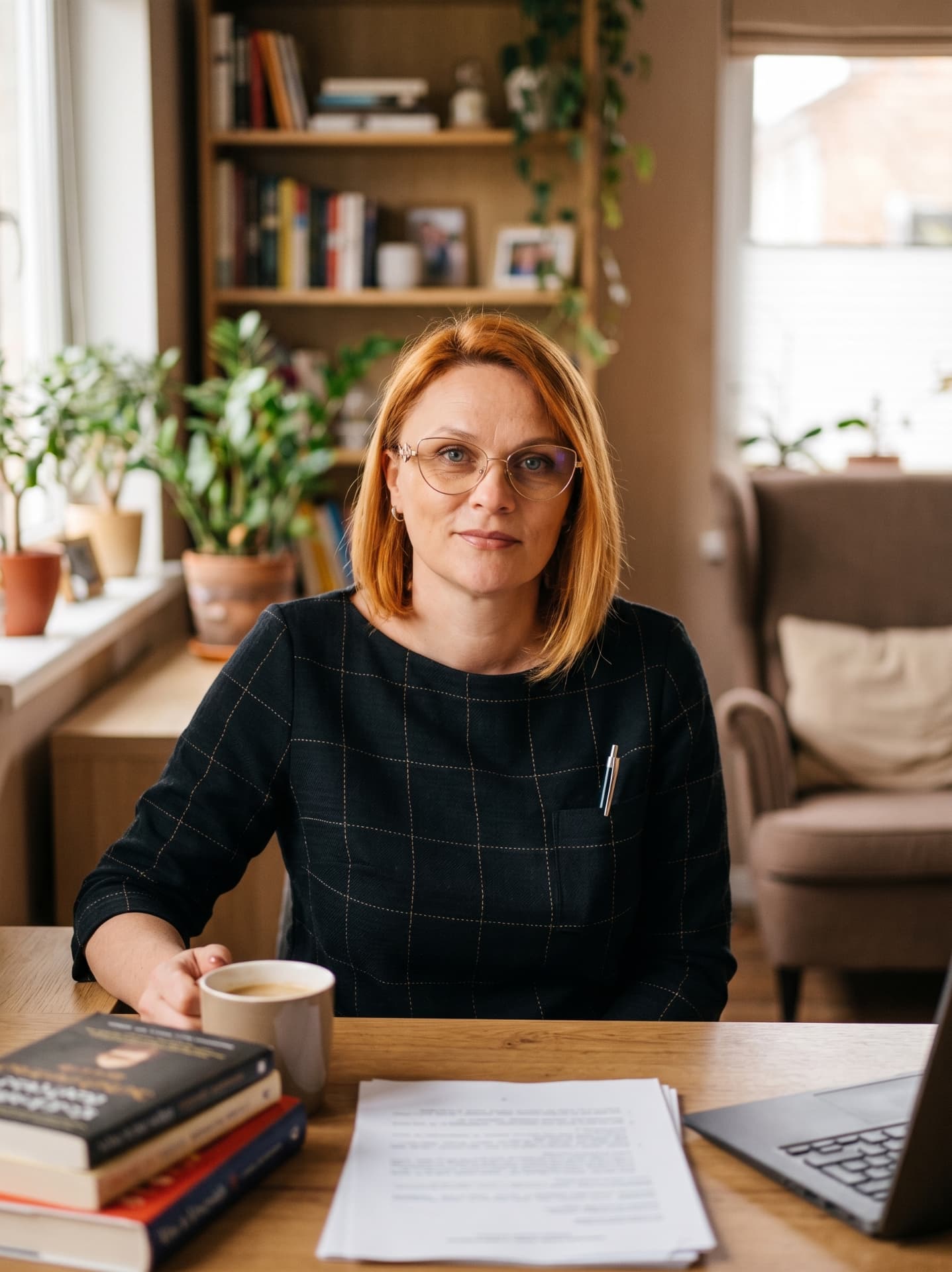 Sandra, the founder of Linkiddo, sitting at a desk with books, papers, a laptop and a cup of coffee.